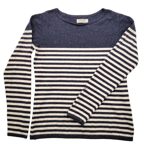 Skhoop Sweater Women's Medium Blue Cream Stripe Long Sleeve Crew Neck Organic - Picture 1 of 8